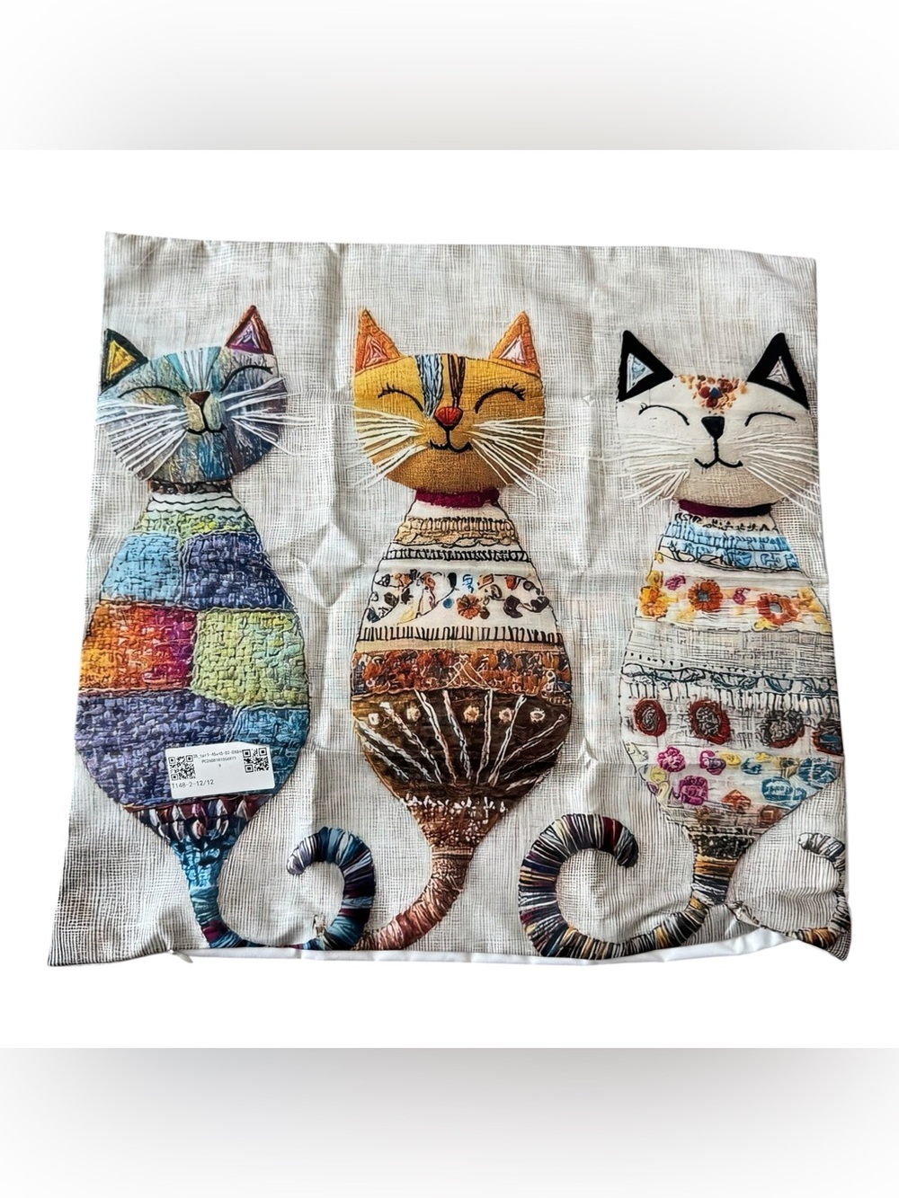 Whimsical Cat Trio Cushion Cover 18x18 Boho Folk Art Cat Lover Decor